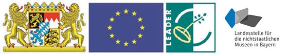 Logos: Bayerisches Staatsministerium für Ernährung, Landwirtschaft und Forsten, EU, Leader, Landesstelle für nichtstaatliche Museen in Bayern