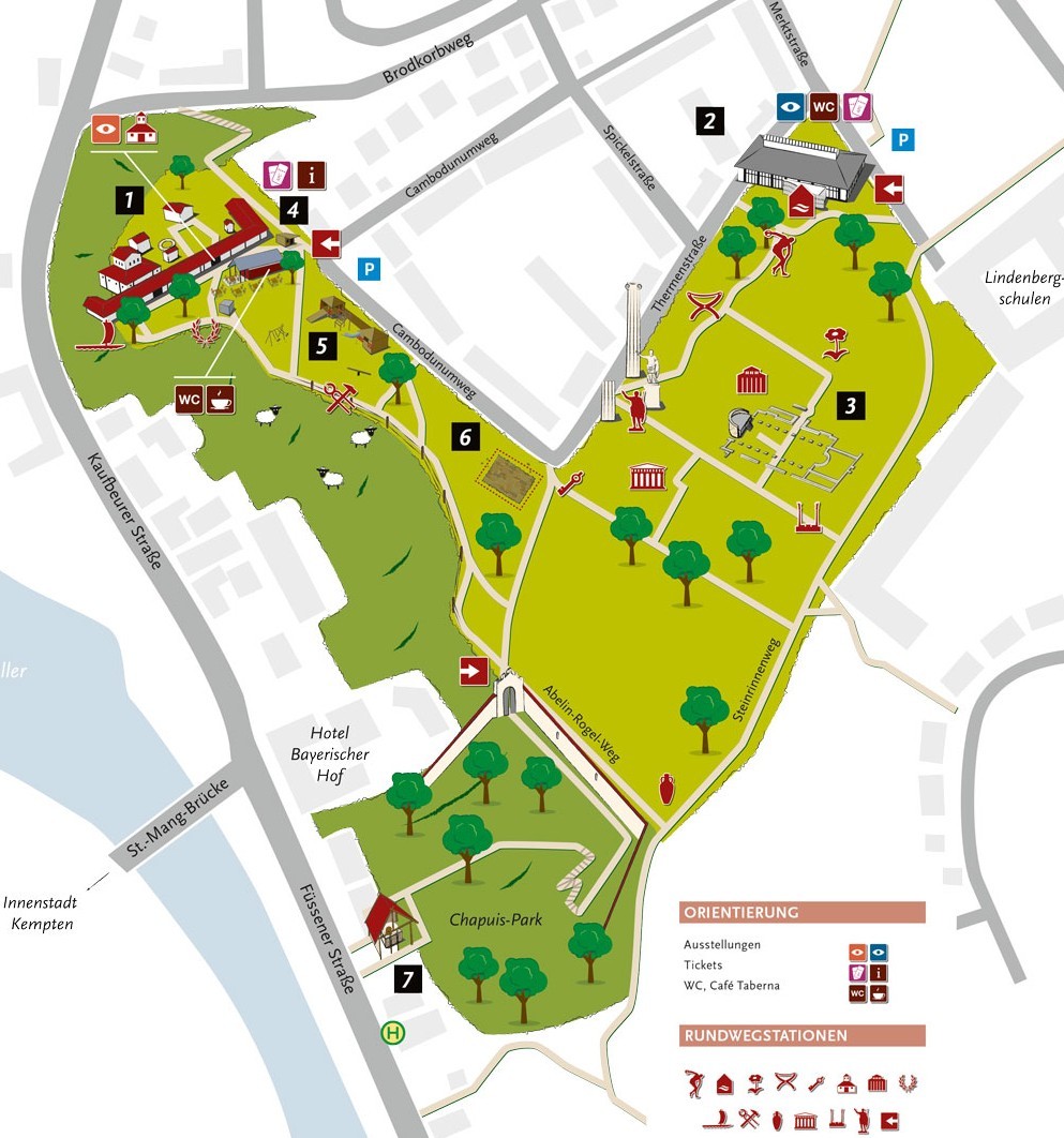 Nordwesten: Haupteingang (Cambodunumweg 3), Tempelbezirk (1), Kasse/Museumsshop (4) und Museumscafé, WC, Römerspielplatz (5). Nordosten: Kasse Merktstraße 1, Kleine Thermen, WC (2), Dazwischen: Parkgelände, Erlebnis-Rundweg mit 15 Aktiv-Stationen, Überreste Forum (6). Südwesten: Archäologische Experimentierstation, Römisches Backhaus und Römischer Kräutergarten im Chapuis Park (7)