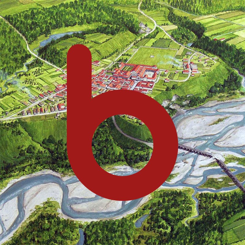 Buchstabe &quot;b&quot; über Rekonstruktionszeichnung von Cambodum