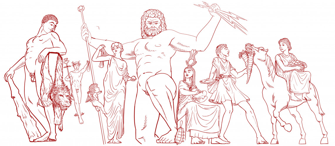 Illustration unterschiedlicher römischer und keltischer Gottheiten (Im Vordergrund: Jupiter, dahinter u.a. Hercules, Epona, Venus)
