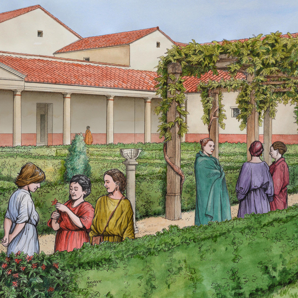 Rekonstruktionszeichnung: Frauen spazieren im Statthaltergarten von Cambodunum