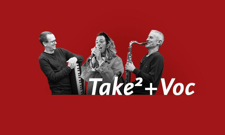 Zwei Musiker mit Instrumenten und eine Sängerin, Ausschnitte vor rotem Hintergrund