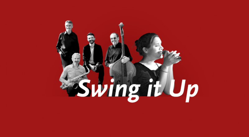 Musikerquartett mit Sängerin, Ausschnitte vor rotem Hintergrund