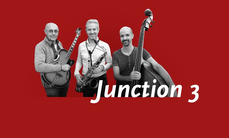 Drei Musiker mit Instrumenten, Ausschnitte vor rotem Hintergrund