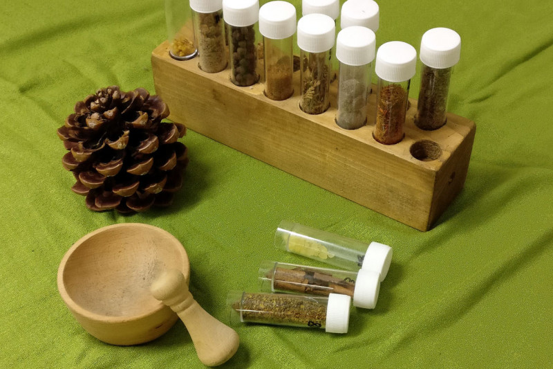 Getrocknete Kräuter und Blüten in Glasröhrchen, darunter Mörser